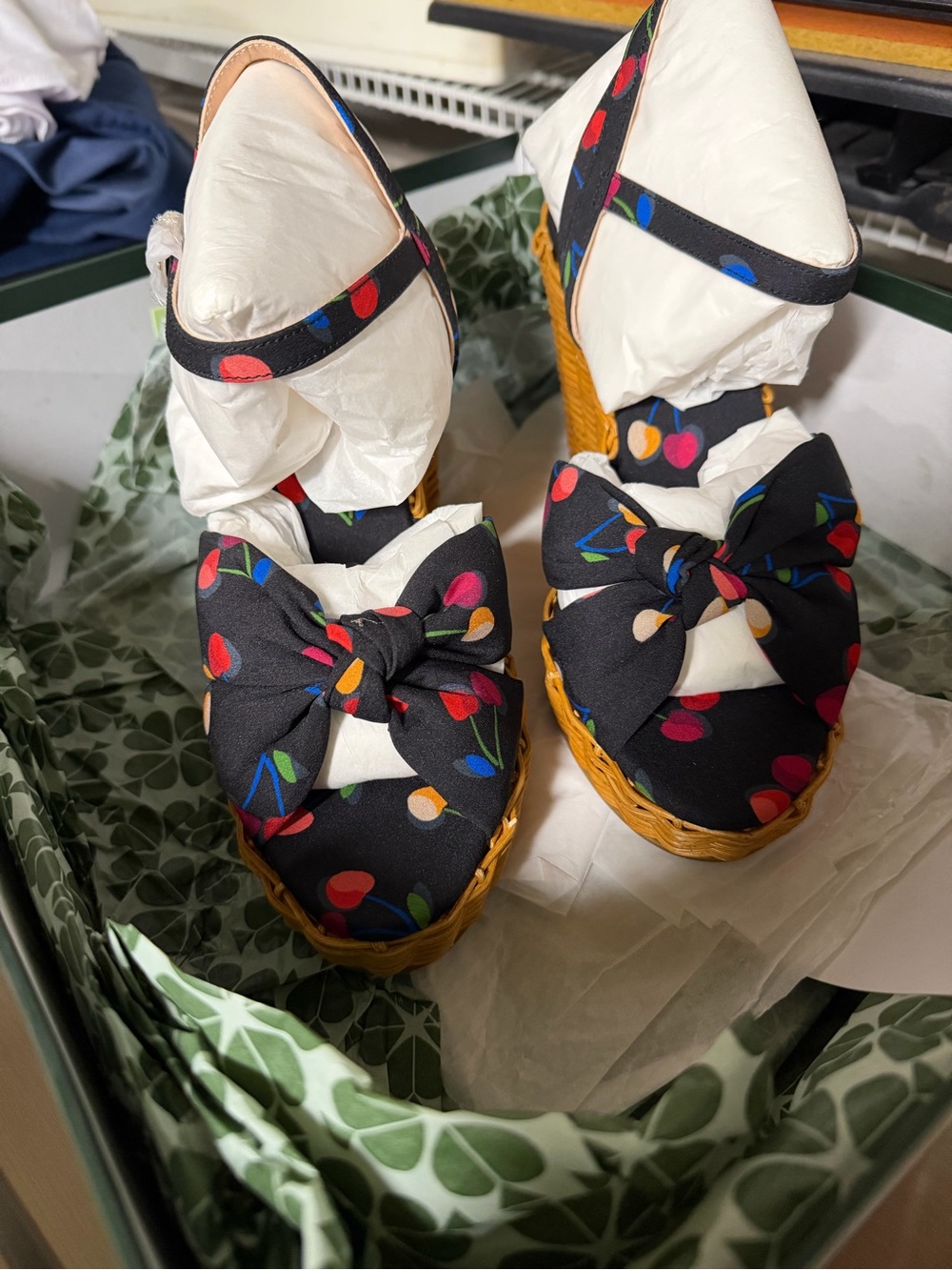 Anita Black Wedge Espadrilles with Multicolor Cherry Motif